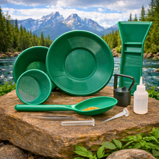 Lightweight gold panning equipment set with dual riffle pans and mini sluice box