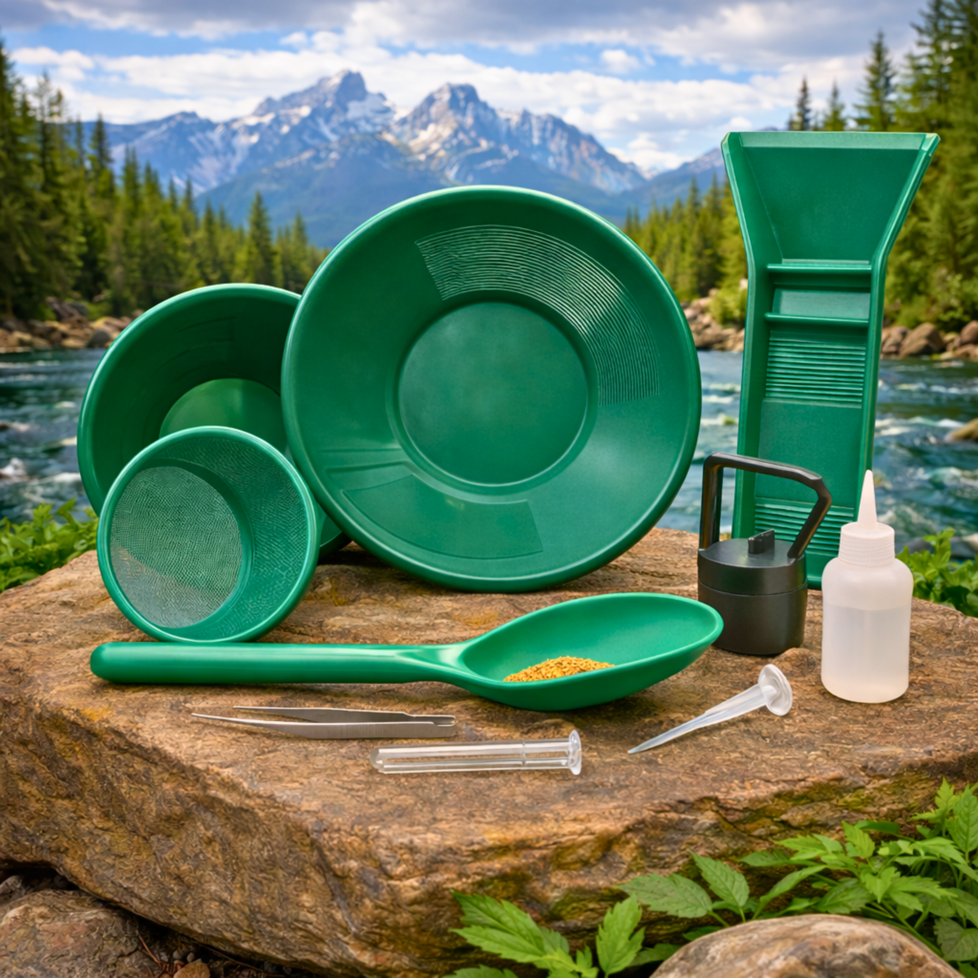 Lightweight gold panning equipment set with dual riffle pans and mini sluice box