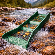 Mini sluice box operating in flowing water capturing fine gold particles