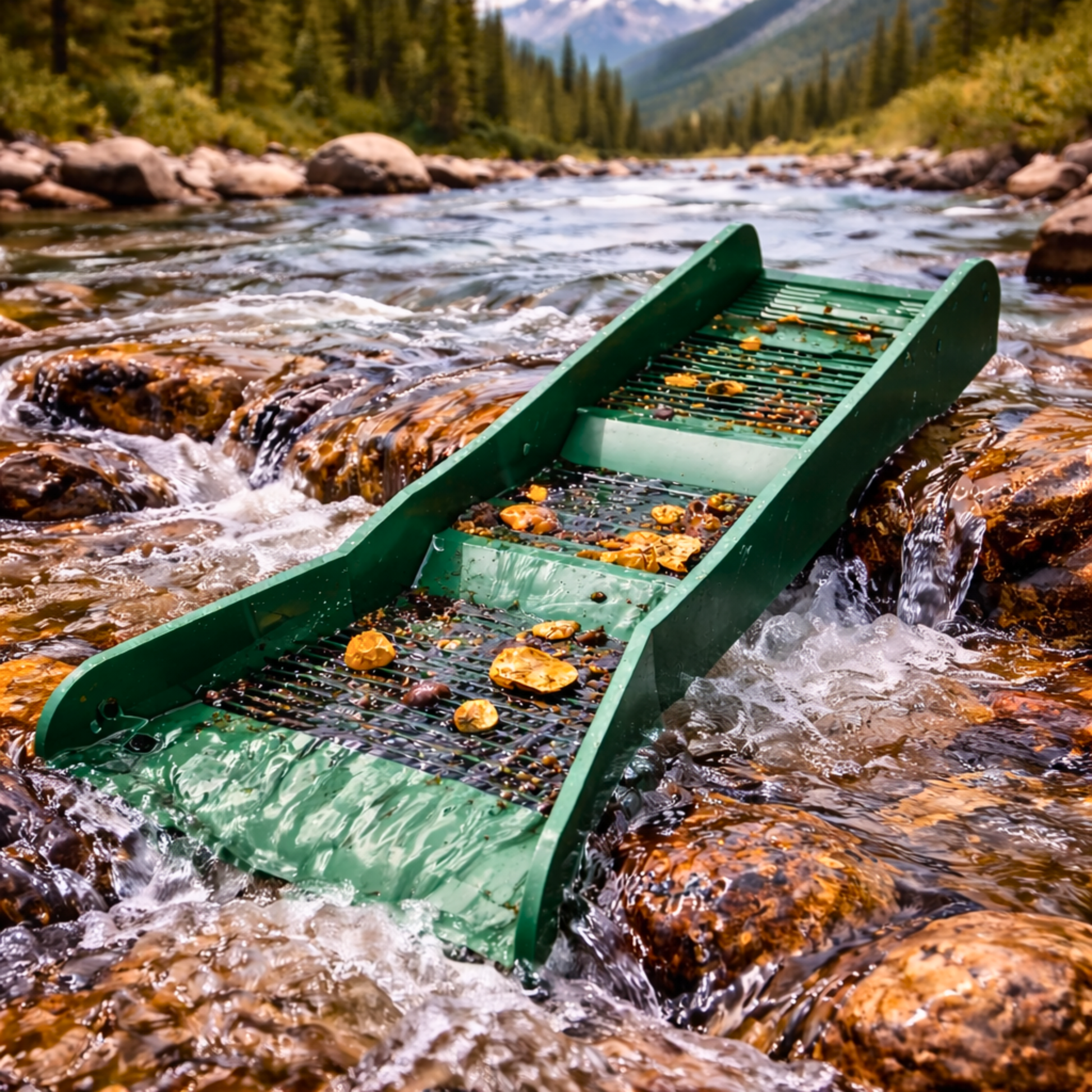 Mini sluice box operating in flowing water capturing fine gold particles