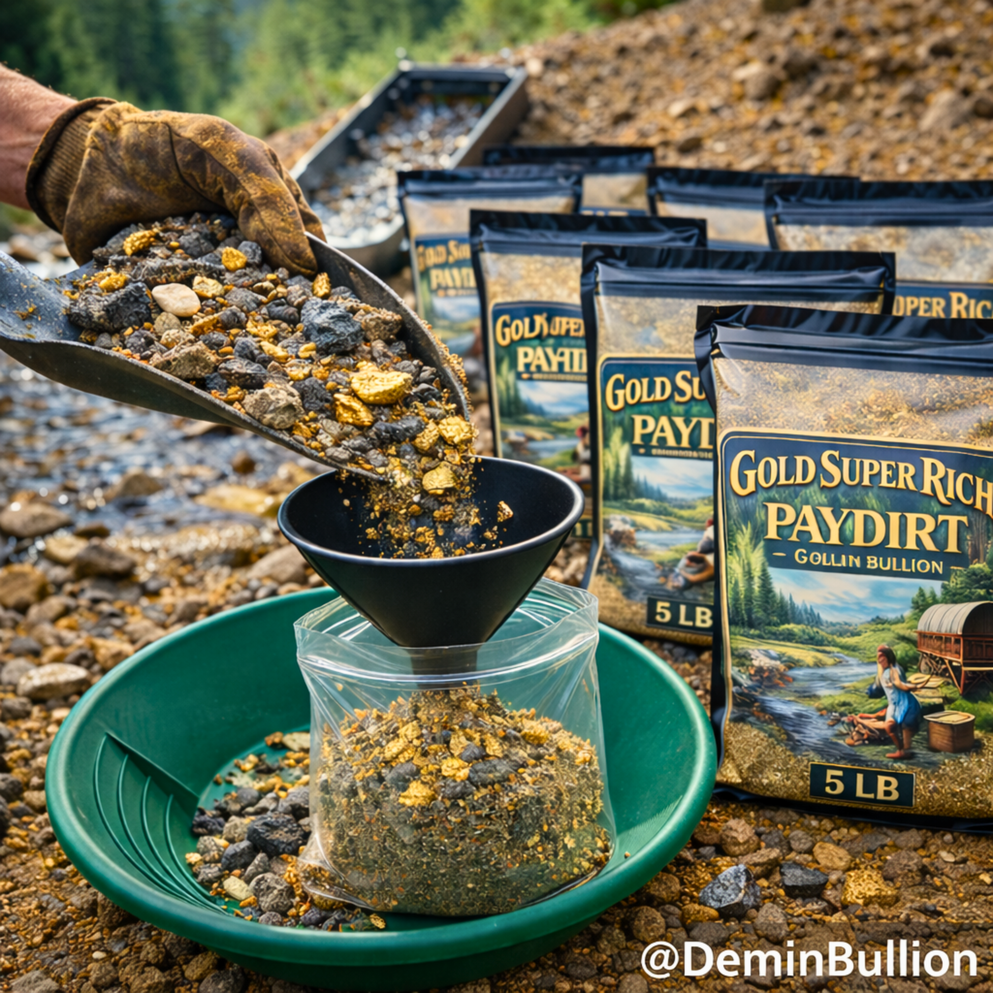 Multiple bags of premium gold paydirt prepared for recreational gold mining