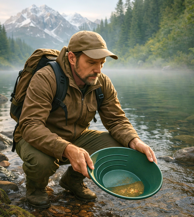 Outdoor prospector panning enriched gold-bearing material in shallow creek
