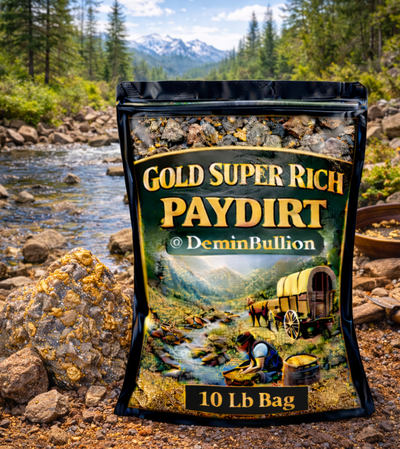 Premium gold paydirt product photographed near mountain stream