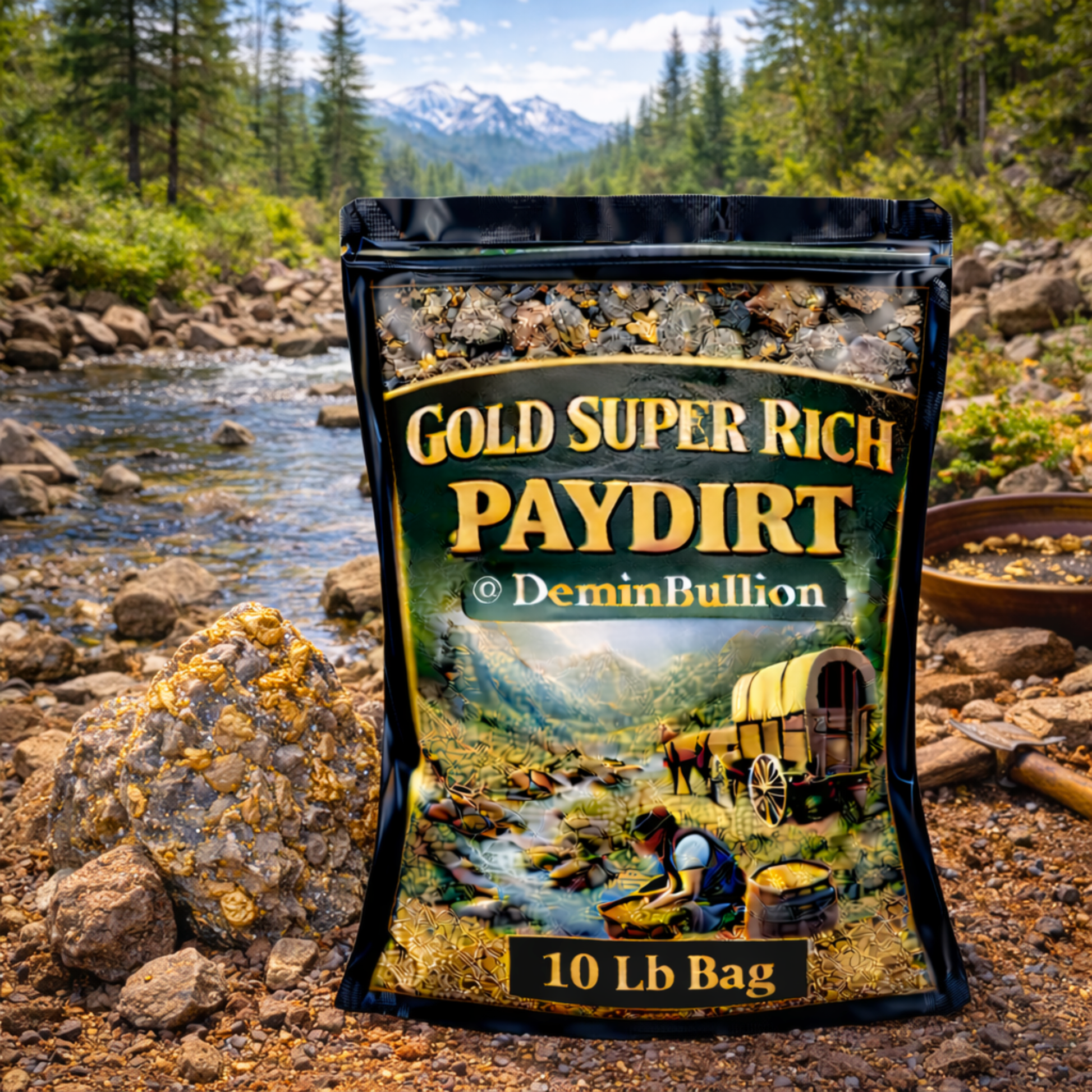 Premium gold paydirt product photographed near mountain stream
