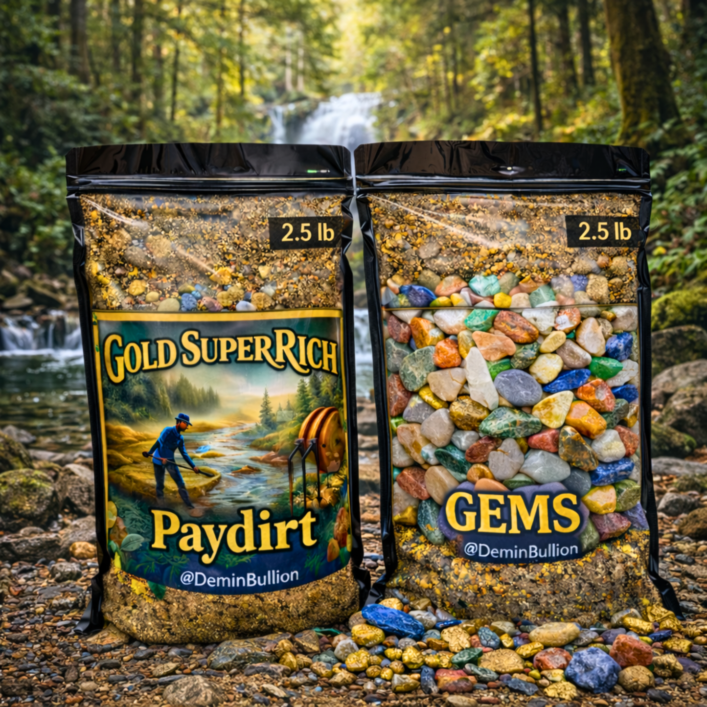 Two paydirt bags containing real gold and colorful gemstones for panning