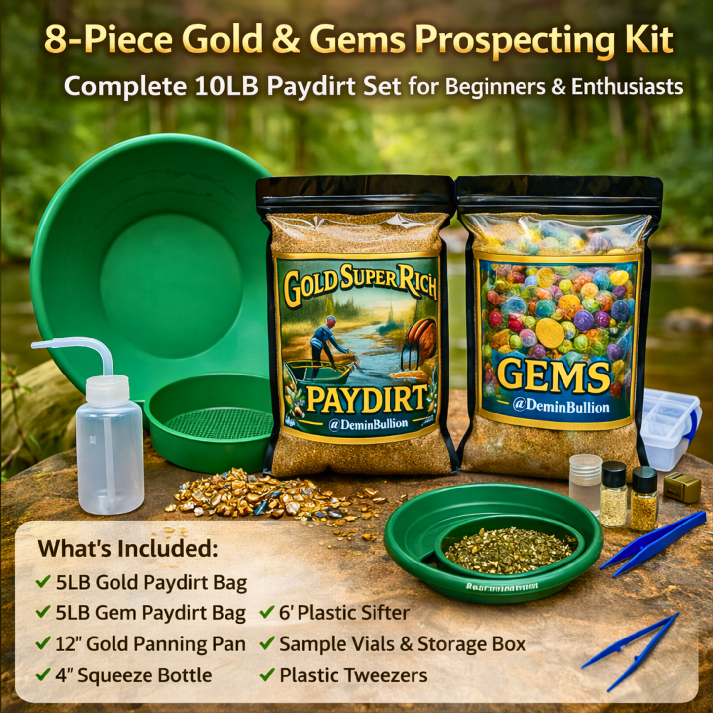 Complete gold and gem prospecting kit arranged with green pan and tools