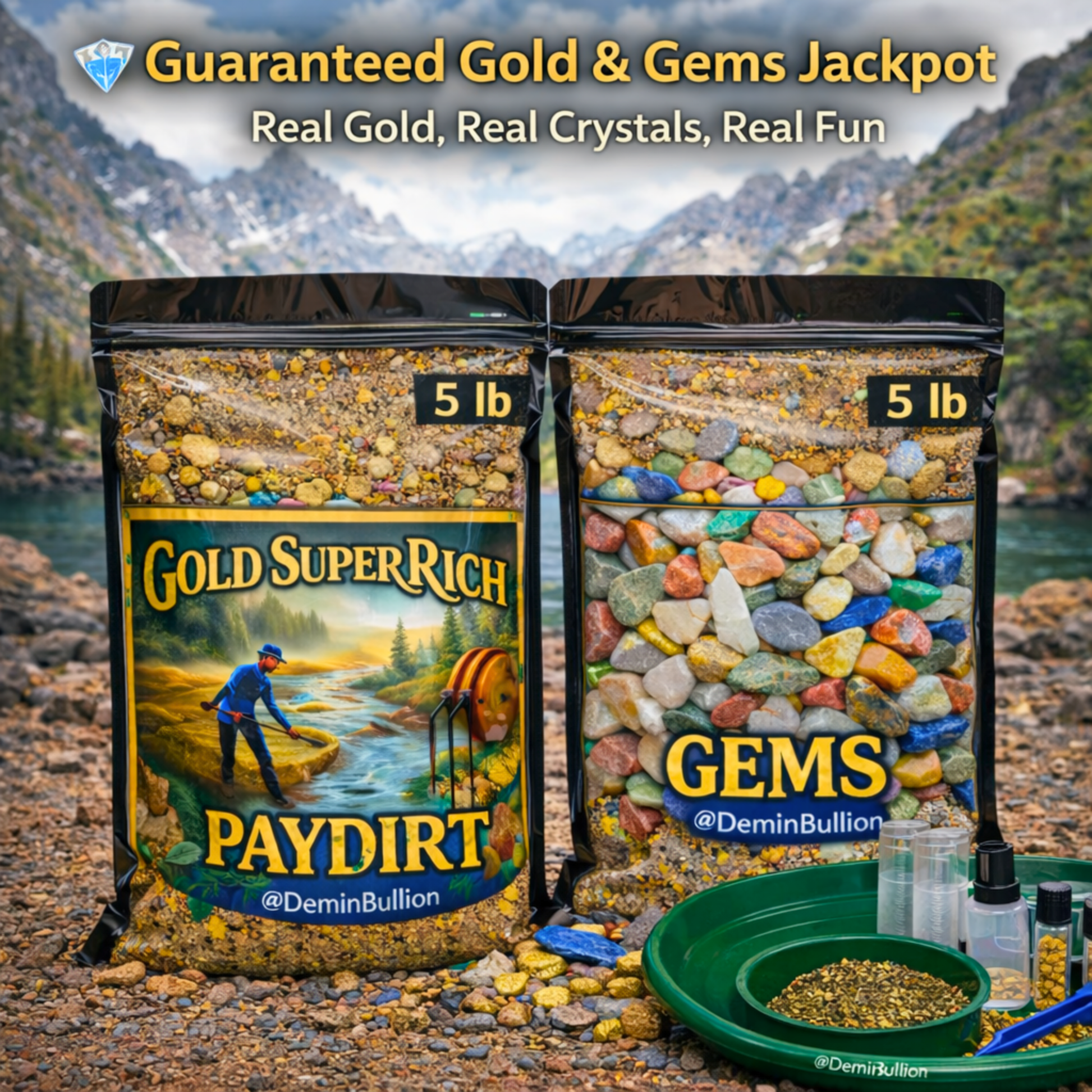 Guaranteed gold and gems jackpot paydirt kit with real gold flakes and crystals