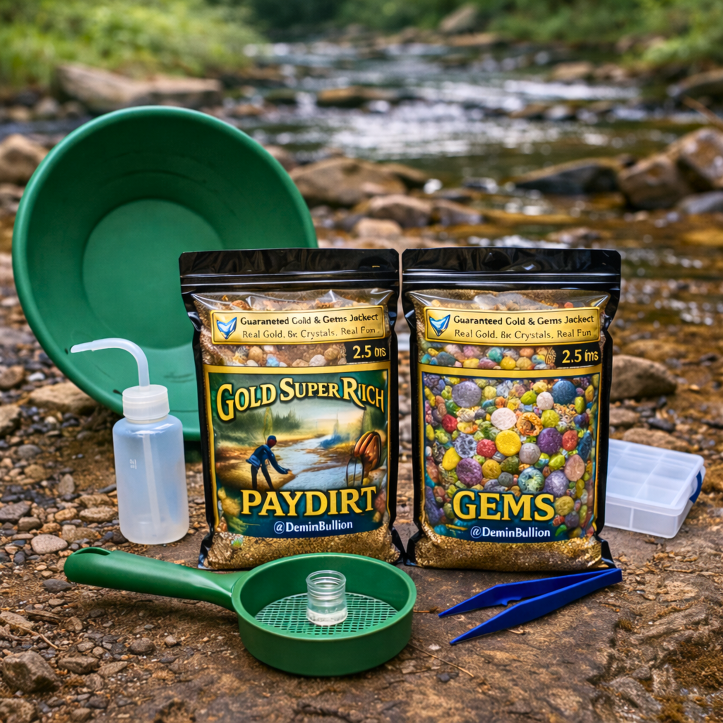 Authentic gold and gemstone recovery shown in pan after processing paydirt