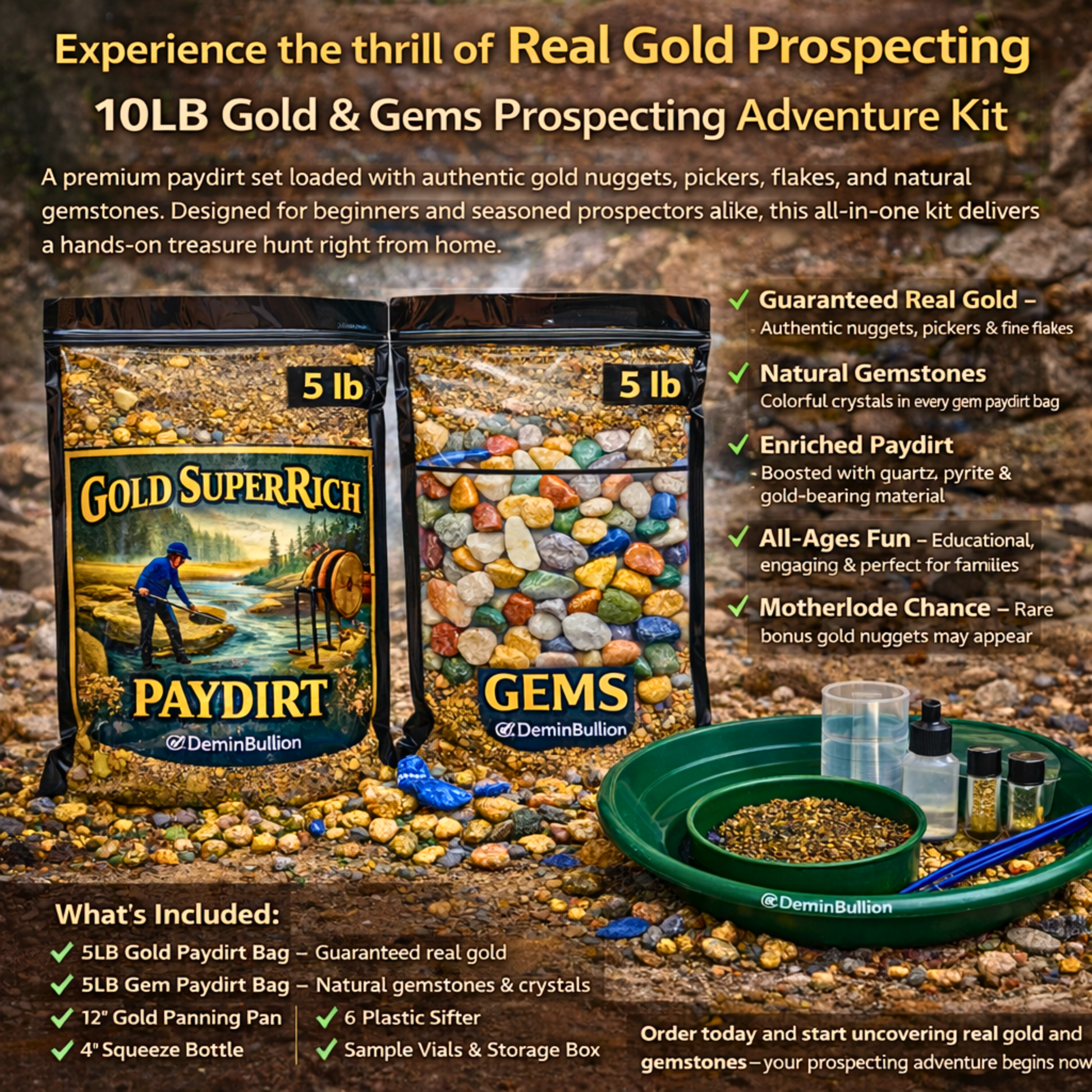 Recreational gold mining kit combining real gold and natural gemstones