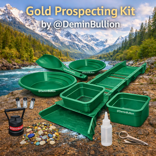Gold prospecting kit with modular sluice box and green gold pans by DeminBullion