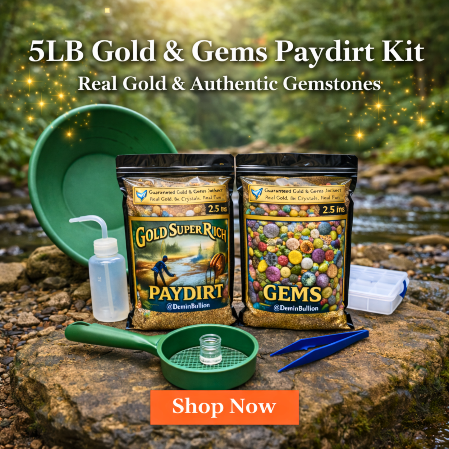 Hands panning gemstone and gold paydirt using green plastic pan