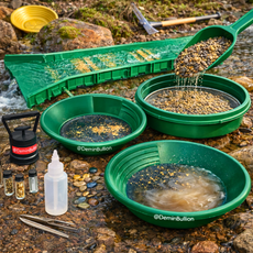 Modular gold sluice system with gold pans and recovery tools outdoors